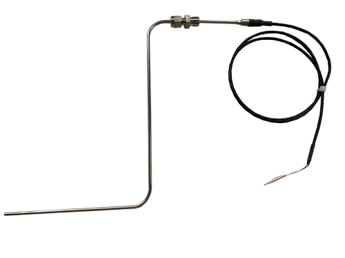 Hopkins frying range temperature sensor with double bend and stainless steel fitting.